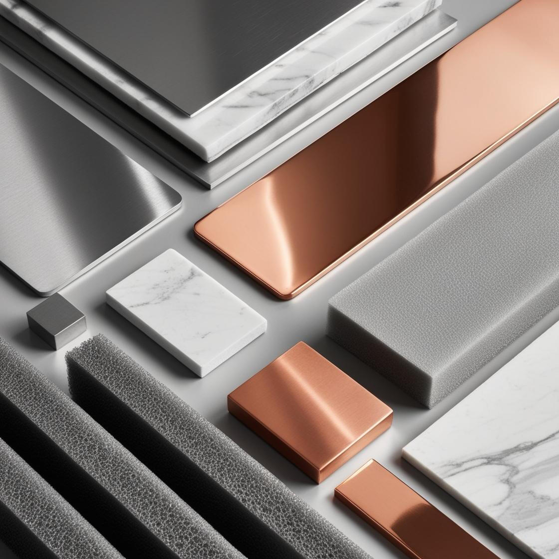 AI generated image to illustrate the flat materials that AquaJet Profiles in Johannesburg South can cut through. Stainless steel, marble, copper, foam and more.